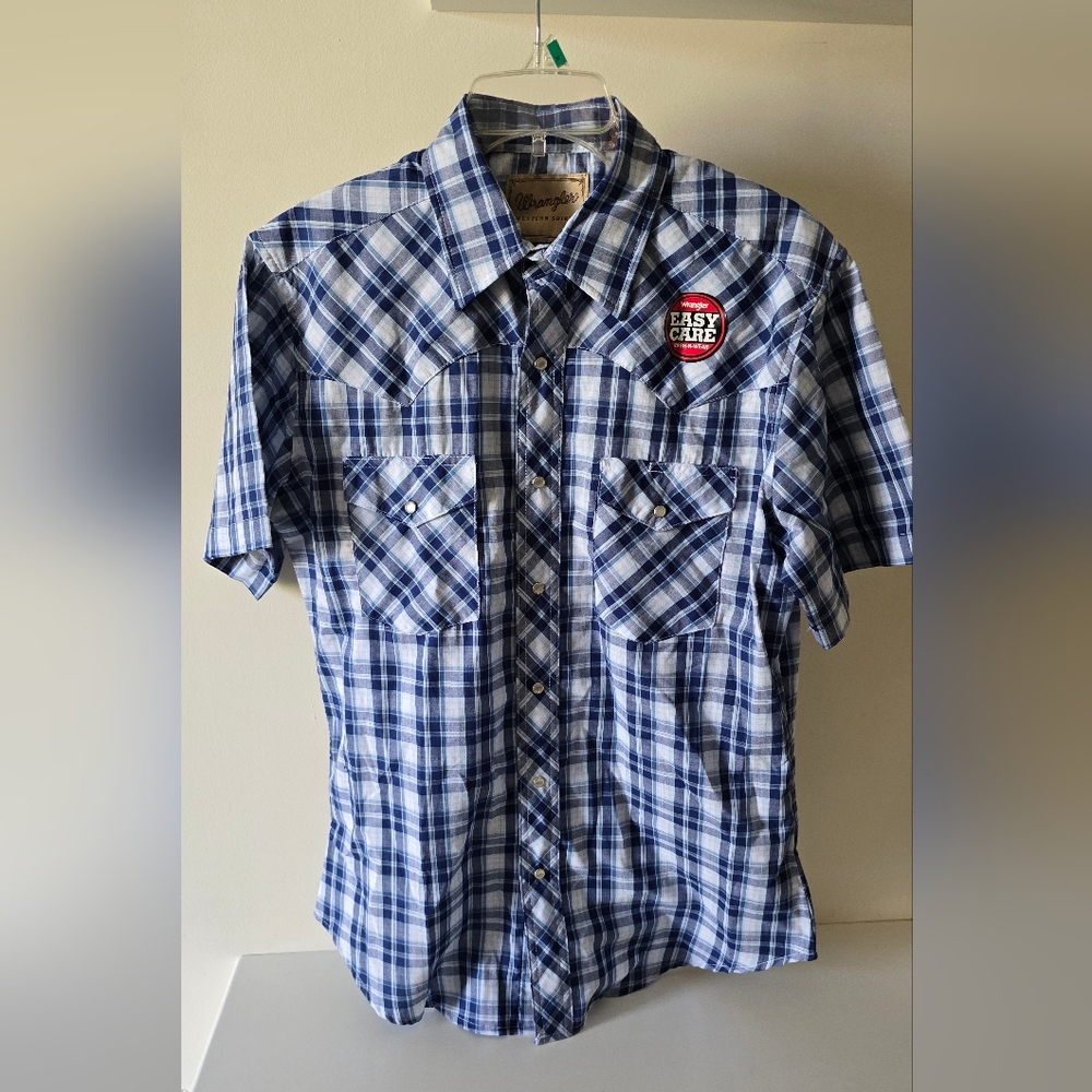 Wrangler Western Plaid Snap Shirt Blue Short Sleeve Men’s M